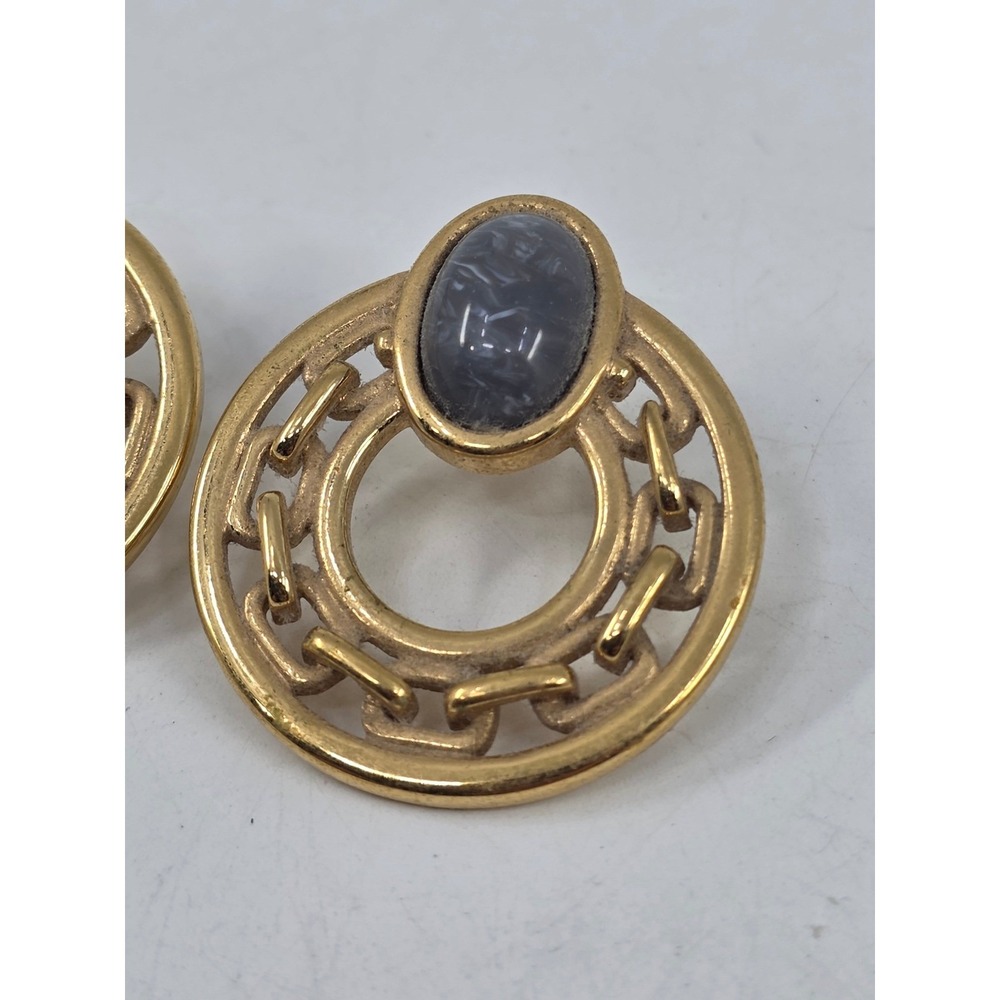 Vintage Gold Tone Door Knocker Earrings Gray Faux Stone Cabochon Greek Key Studs - Picture 2 of 6